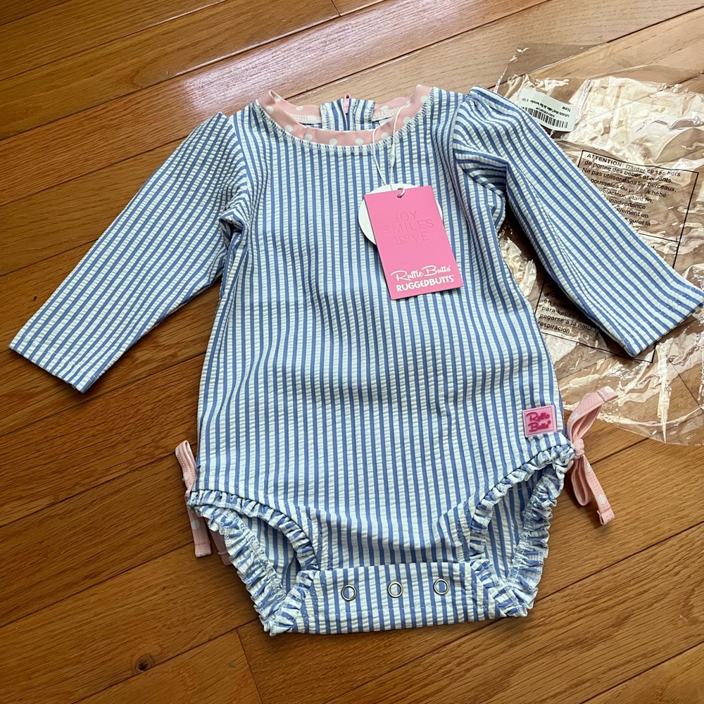 NWT Ruffle Butts Periwinkle Blue Seersucker Long Sleeve Swimsuit